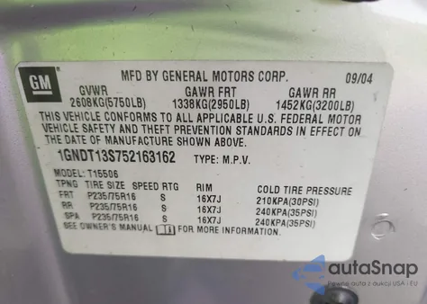 2005 Chevrolet Trailblazer Ls from USA, damaged, VIN 1GNDT13S752163162